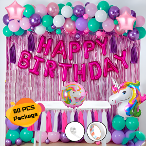 Unicorn Theme Birthday Decoration Combo Pack – With Foil Banner, Foil Backdrop Curtain, Pastel Balloons, Deco Kit & More Full Package- (Pack of 60 Pcs)