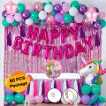 Unicorn Theme Birthday Decoration Combo Pack – With Foil Banner, Foil Backdrop Curtain, Pastel Balloons, Deco Kit & More Full Package- (Pack of 60 Pcs)