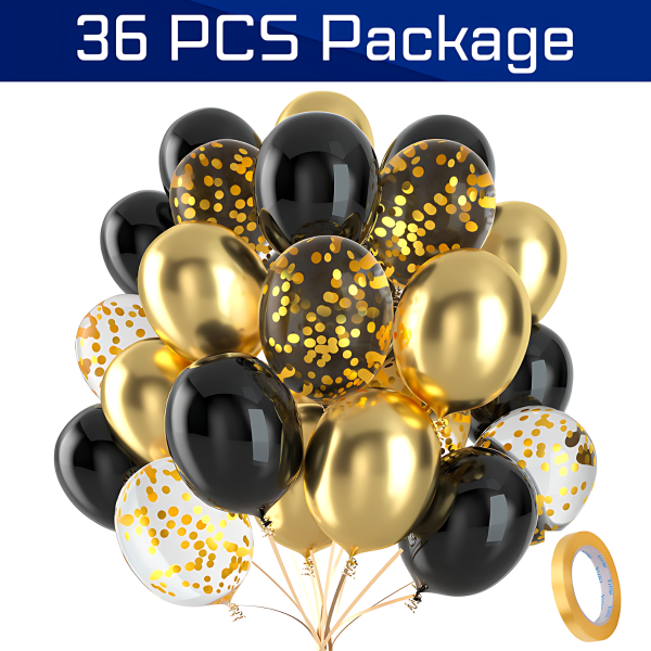 Golden Confetti And HQ Latex Metallic Balloons With Balloon Ribbon for Birthdays, Anniversaries, Weddings, Baby Showers, Valentine's and Event Decoration- (Pack of 36 Pcs)