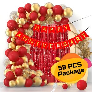 Anniversary Party Decoration Combo Pack with Red Paper Banner, Red Foil Curtains, Red & Golden Metallic Balloons, Golden Confetti Balloons Decorations Full Package- (Pack of 58 Pcs)