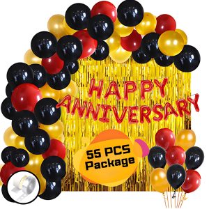 Anniversary Party Decoration Combo Pack with Banner, Backdrop Curtains, Metallic Balloons and Balloon Arch With Glue Dot Tape Full Package- (Pack of 55 Pcs)