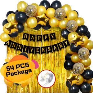 Anniversary Decoration Combo Pack- Anniversary Card Banners, Golden Foil Curtains, Golden & Black Metallic Balloons, Golden Confetti Balloons, Star Foil and Balloon Garland Arch With Glue Dot Tape Decorations Full Package- (Pack of 54 Pcs)