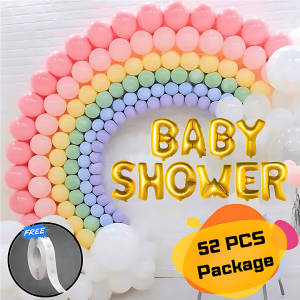 Baby Shower Golden Foil Banner, Multicolor Pastel Balloons With Glue Dot Tape Full Decoration Package- (Pack of 52 Pcs)