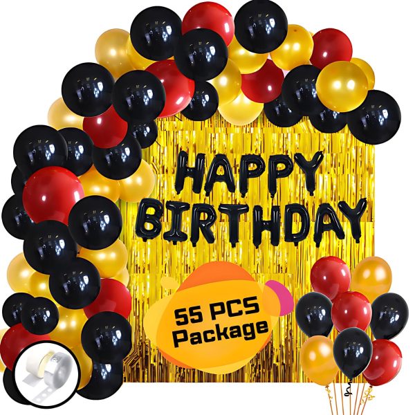 Birthday Party Decoration Combo Pack With Black Foil Banner, Golden Foil Curtains, Metallic Balloons, Balloons Arc With Glue Dot Tape full Package- (Pack of 55 Pcs)