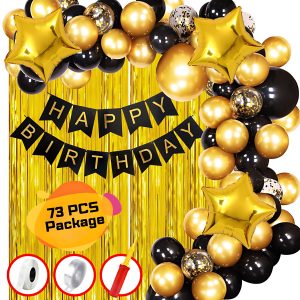 Birthday Decoration Combo Pack With Banner, Foil Curtains, Balloons, Star Foil, Confetti Balloons, Balloon Pumper, Balloons Arc and Glue Dot Tape Full Package- (Pack of 73 Pcs)