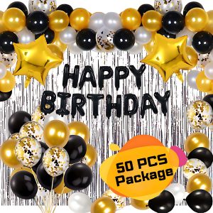 Birthday Party Decoration Combo Pack With Black Foil Banner, Silver Foil Curtains, Metallic Balloons, Star Foil & Confetti Balloons full Package- (Pack of 50 Pcs)