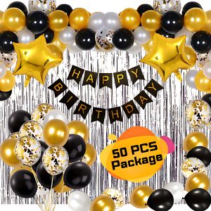 Birthday Party Decoration Combo Pack With Black Paper Banner, Silver Foil Curtains, Metallic Balloons, Star Foil & Confetti Balloons full Package- (Pack of 50 Pcs)