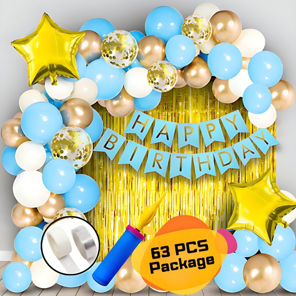 Birthday Decoration Combo Pack - Card Banner, Backdrop Curtains, Metallic Balloons, Balloons Pumper, Deco Kit and More- (Pack of 63 Pcs)