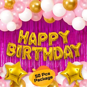 Birthday Party Decoration Combo Pack With Golden Foil Banner, Pink Foil Curtains, Metallic Balloons, Star Foil Full Package- (Pack of 50 Pcs)