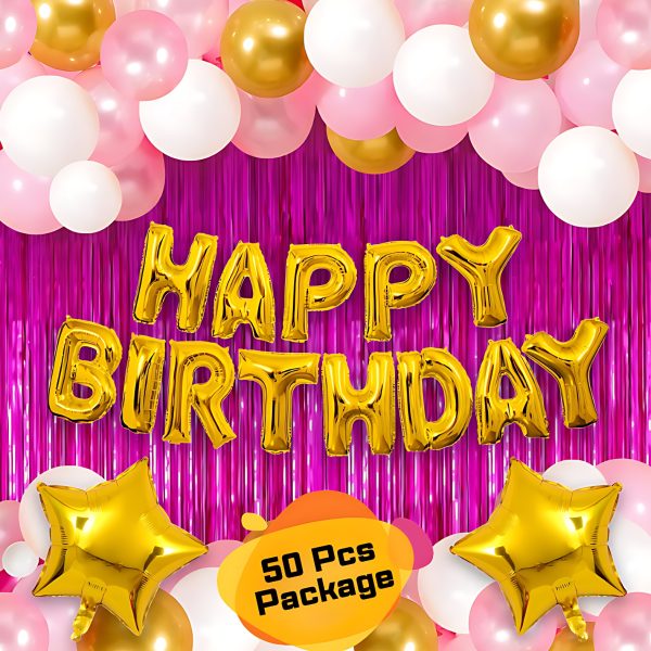 Birthday Party Decoration Combo Pack With Golden Foil Banner, Pink Foil Curtains, Metallic Balloons, Star Foil Full Package- (Pack of 50 Pcs)