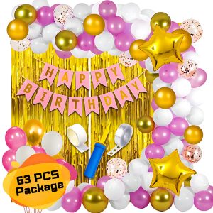 Happy Birthday Decorations Pink Color Combo Pack For Girls & Women- Card Banner, Backdrop Curtains, Metallic Balloons, Balloons Pumper, Deco Kit and More- (Pack of 63 Pcs)