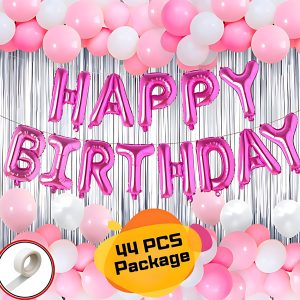 Birthday Party Decoration Combo Pack With Pink Foil Banner, Silver Foil Curtains, Metallic Balloons And Glue Dot Tape Full Package- (Pack of 44 Pcs)