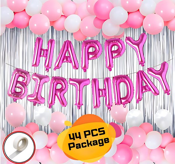 Birthday Party Decoration Combo Pack With Pink Foil Banner, Silver Foil Curtains, Metallic Balloons And Glue Dot Tape Full Package- (Pack of 44 Pcs)