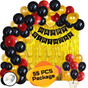 Happy Birthday Party Decoration Combo Pack With Black Card Banner, Golden Foil Curtains, Metallic Balloons, Balloons Arc With Glue Dot Tape full Package- (Pack of 55 Pcs)