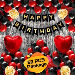 Birthday Party Decoration Combo Pack With Card Banner, Backdrop Curtains, Metallic Balloons, Golden Confetti & Heart Balloons Full Package- (Pack of 60 Pcs)