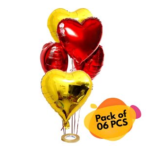 Heart Shape Foil Balloons the Color of Golden & Red and Balloons Ribbon Perfect for Party, Event & Valentine Day Decoration- (Pack of 06 Pcs)