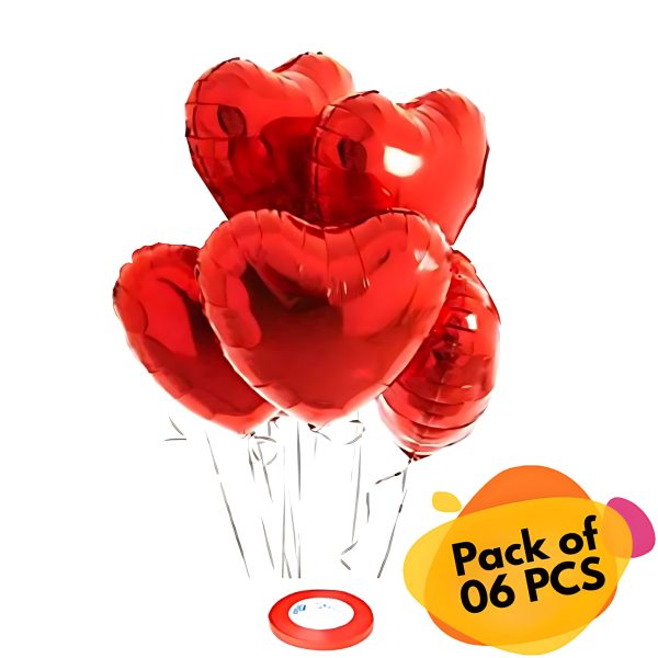Red Heart Shape Foil Balloons & Balloons Ribbon Perfect for Party, Event & Valentine Day Decoration- (Pack of 06 Pcs)