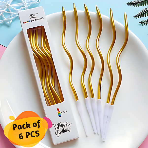 Spiral Twisty Gold Long Stick Metallic Candle for Birthday, Wedding Party and Cake Decoration- (Pack of 06 Pcs)