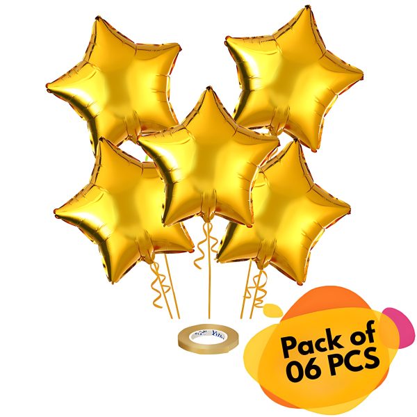 Golden Star Shape Foil Balloons & Balloons Ribbon Perfect for Party, Event & Valentine Day Decoration- (Pack of 06 Pcs)