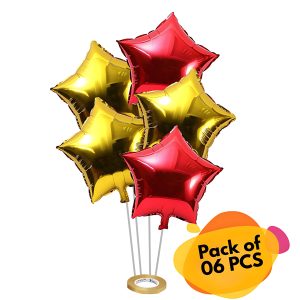 Star Shape Foil Balloons Golden and Red Color With Balloons Ribbon Perfect for Party, Event & Valentine Day Decoration- (Pack of 06 Pcs)