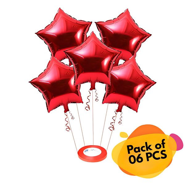 Red Star Shape Foil Balloons & Balloons Ribbon Perfect for Party, Event & Valentine Day Decoration- (Pack of 06 Pcs)