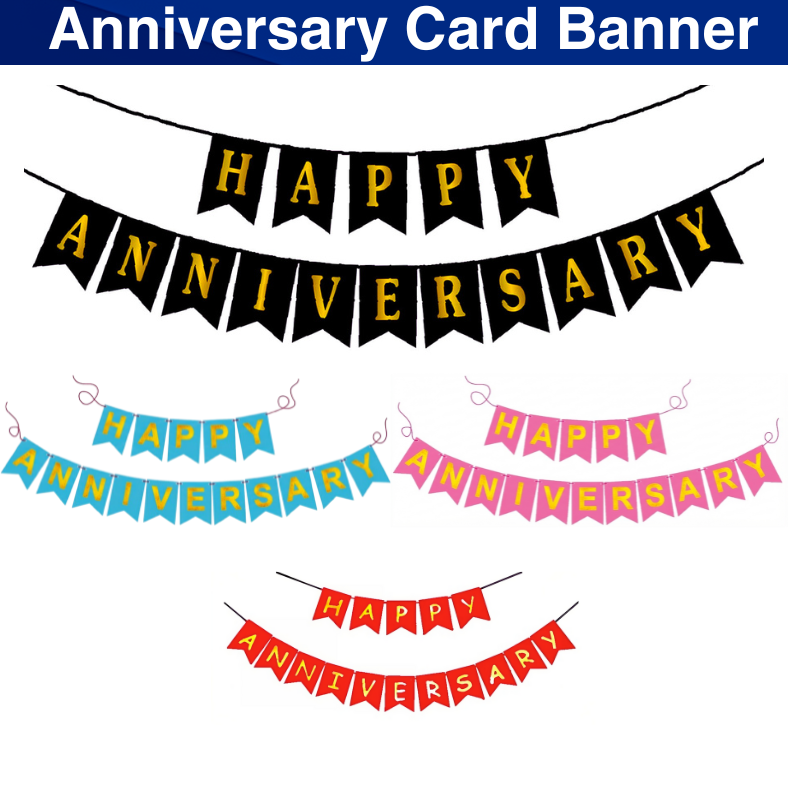 1 Anniversary Card Banner Happy Anniversary Paper Banner – Black, Red, Pink & Light Blue Color Banner for Anniversary Decoration - (Pack of 1 Pcs)