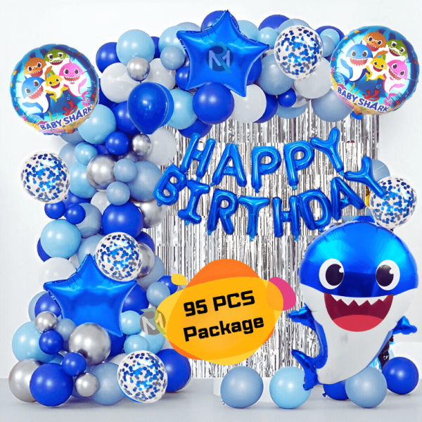 Baby Shark Theme Birthday Decoration Combo Pack – With Foil Banner, Foil Backdrop Curtain, HQ Balloons, Deco Kit & More- Full Package- (Pack of 95 Pcs)