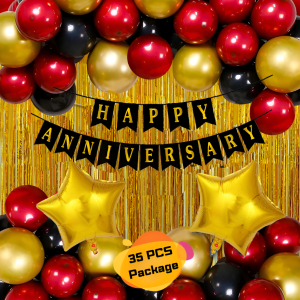 Anniversary Celebration: Decoration Combo Pack - Backdrop Curtains, Metallic Balloons, Card Banner, and Star Balloons Set - Full Package (Pack of 35 Pcs)