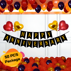 Happy Anniversary Decoration Combo Full Set With Anniversary Banner, Metallic Balloons, Love Foil Balloons Decorations Set Full Package- (Pack of 50 Pcs)