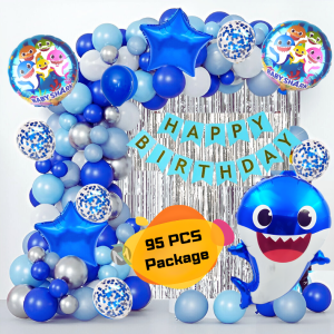 Baby Shark Theme Birthday Decoration Combo Pack – With Card Banner, Foil Backdrop Curtain, HQ Balloons, Deco Kit & More- Full Package- (Pack of 95 Pcs)