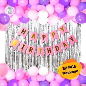 Happy Birthday Decoration Combo Pack – Silver Backdrop Foil Curtain, Pink Card Birthday Banner with Metallic Balloons (Pink, Purple & White) Decorations Set Full Package- (Pack of 32 Pcs)