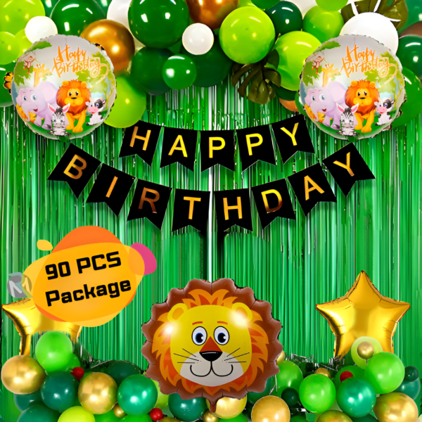 Jungle Theme Birthday Decoration Combo Pack for Boys, Girl & Kids- Black Card Banners, Green Foil Curtains, HQ Balloons, Animal Foil Balloons With Balloon Arch And Both Side Tape Full Decorations Package- (Pack of 90 Pcs)