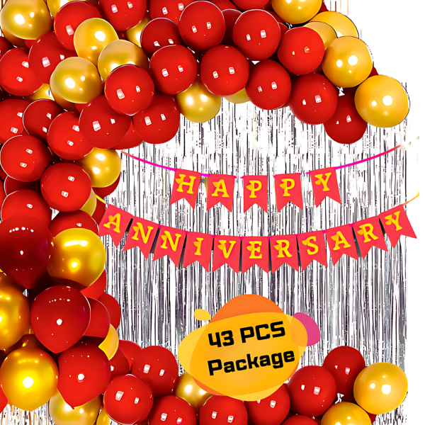 Anniversary Decoration Combo Pack With Banners, Silver Foil Curtains, Golden & Red Metallic Balloons Full Package- (Pack of 43 Pcs)