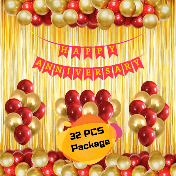 Happy Anniversary Decoration Combo Pack - Golden Foil Curtains Backdrop, Metallic Golden & Red Balloons With Red Anniversary Paper Banner For Anniversary Decoration Set Full Package- (Pack of 32 Pcs)