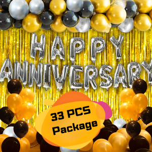 Silver And Golden Happy Anniversary Decoration Combo Pack - Golden Curtains Backdrop, Silver Foil Banner Balloons, Metallic Balloons (Golden, Black & Silver) Decoration Set Full Package- (Pack of 33 Pcs)