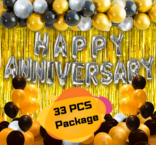 Silver And Golden Happy Anniversary Decoration Combo Pack - Golden Curtains Backdrop, Silver Foil Banner Balloons, Metallic Balloons (Golden, Black & Silver) Decoration Set Full Package- (Pack of 33 Pcs)