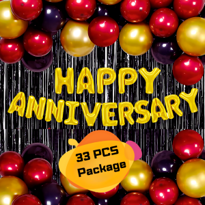 Happy Anniversary Decoration Combo Full Set With Golden Foil Banners Balloons, Black Foil Curtains Backdrop, Metallic Balloons (Red, Golden & Black) Decorations Set Full Package- (Pack of 33 Pcs)