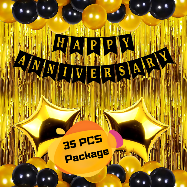 Anniversary Decoration Combo Pack With Backdrop Curtains, Metallic Balloons, Card Banner and Star Balloons Set Full Package- (Pack of 35 Pcs)