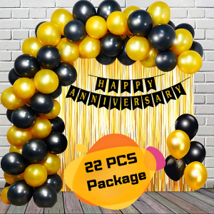 Happy Anniversary Decoration Combo Pack (Golden And Black) - Golden Curtains Backdrop, Golden And Black Metallic Balloons With Black Happy Anniversary Paper Banner Decoration Set Full Package- (Pack of 22 Pcs)