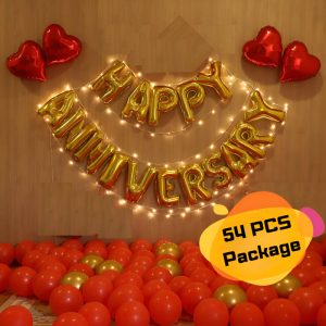 Happy Anniversary Decoration Combo Full Set With Anniversary Banner, Metallic Balloons (Red & Golden), Love Foil & Fairy Light Decorations Set Full Package- (Pack of 54 Pcs)
