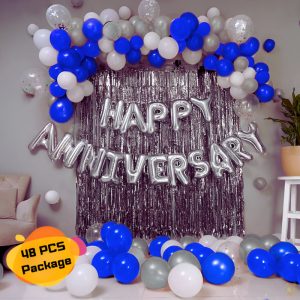 Anniversary Decoration Combo Pack With Foil Banners, Backdrop Curtains, Metallic Balloons Full Package- (Pack of 48 Pcs)