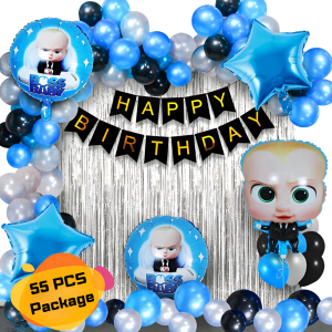 Boss Baby Theme Birthday Decoration Combo Pack – With Card Banner, Foil Backdrop Curtain, HQ Balloons, Deco Kit & More Full Package- (Pack of 55 Pcs)