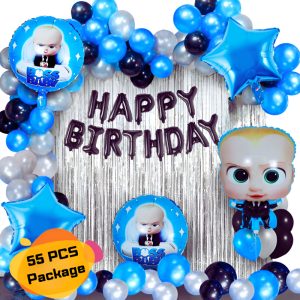 Boss Baby Theme Birthday Decoration Combo Pack – With Foil Banner, Foil Backdrop Curtain, HQ Balloons, Deco Kit & More Full Package- (Pack of 55 Pcs)