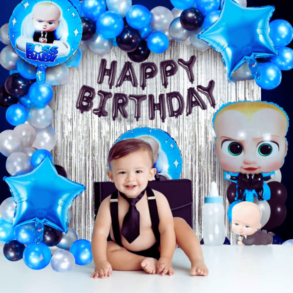 Boss Baby Theme Birthday Decoration Combo Pack – With Foil Banner, Foil Backdrop Curtain, HQ Balloons, Deco Kit & More Full Package- (Pack of 55 Pcs)