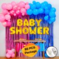 Baby Shower Combo: Golden Foil Banner, Pink & Blue Metallic Balloons, Foil Curtain And Balloon Arch With Both Side Tape Full Decoration Package- (Pack of 65 Pcs)