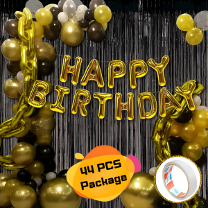 Happy Birthday Black Combo Set–Golden And Black Metallic Balloons, Birthday Foil Banner, Black Foil Curtain With Both Side Tape for Party Decoration Full Package- (Pack of 44 Pcs)