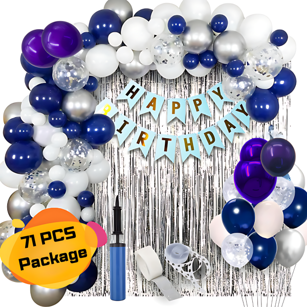 Birthday Decoration Blue Combo With Birthday Banners, Backdrop Curtains, Metallic Balloons, Confetti Balloons, Pumper and Balloon Arch With Glue Dot Tape Decorations Full Package- (Pack of 71 Pcs)