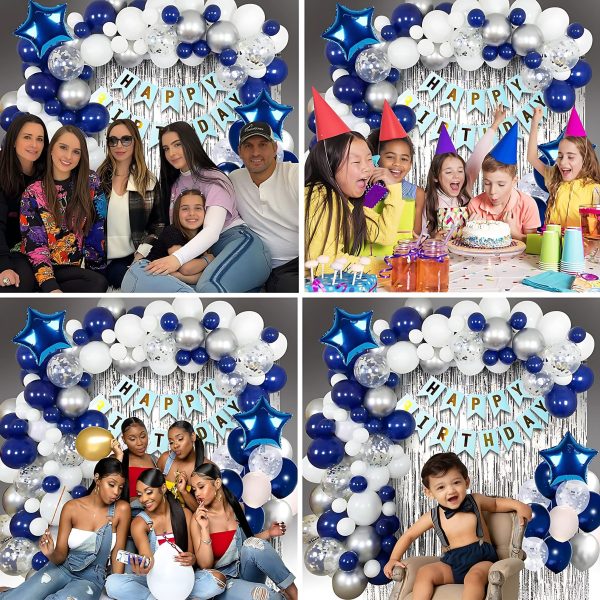 Purple Color Birthday Decoration Combo Pack With Birthday Banners, Silver Foil Curtains, Metallic Balloons, Blue Confetti and Balloon Garland Arch Decorations Kit Full Package- (Pack of 48 Pcs)