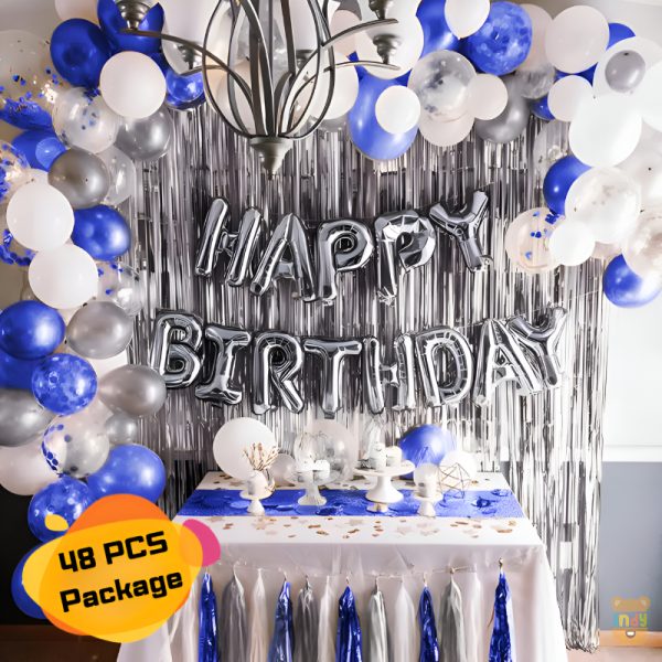 Birthday Decoration Combo Pack With Foil Banners, Backdrop Curtains, Metallic Balloons Full Package- (Pack of 48 Pcs)