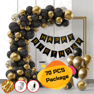 Birthday Decoration Combo Pack- Black Paper Birthday Banners, Golden Foil Curtains, Golden & Black Metallic Balloons, Golden Confetti Balloons and Balloon Garland Arch With Glue Dot Tape Decorations Full Package- (Pack of 70 Pcs)